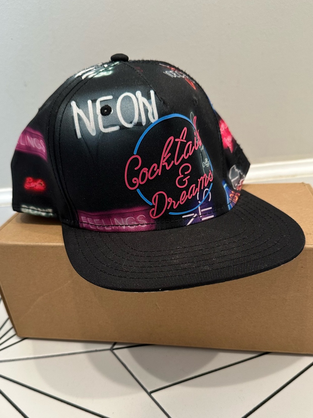 Neon 'Cocktail & Dreams' Black Graphic Snapback Hat
